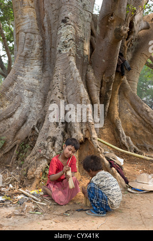 Kinder, die unter einem Banyan-Baum in Pindaya Myanmar Birma spielen Stockfoto