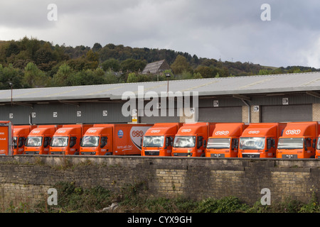 TNT-LKW-LKW an den Laderampen der TNT Paket-Verteilzentrum terminal in Ramsbottom in Lancashire. Stockfoto