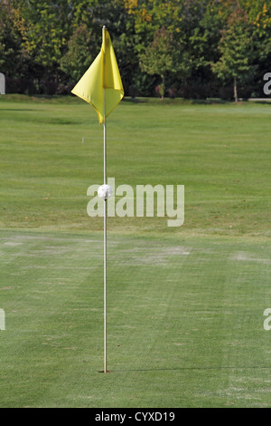 Loch-Golfplatz auf dem grünen Rasen, markiert eine gelbe Flagge Stockfoto