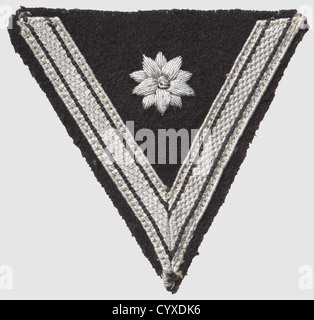 Chevron für "alte Kämpfer", für ein Mitglied, das zuvor in Wehrmacht oder Polizei diente. Silberne Spitze und handgestickter Stern auf schwarzem Stoff, rückwärtiger RZM-Schriftzug 'RZM 175/36 SS', historisch, historisch, 1930er, 1930er, 20. Jahrhundert, SS, Schutzstaffel, NS, Nationalsozialismus, Nationalsozialismus, Drittes Reich, Deutsches Reich, Dienststelle, Dienststellen, Organisation, Organisation, Organisationen, Organisationen, Objekt, Objekte, Ausschneiden, Ausschneiden, Ausschneiden, Insignien, Symbol, Symbole, Ausrüstung, Uniform, Uniformen, Details, zusätzliche-Rechte-Clearences-nicht verfügbar Stockfoto