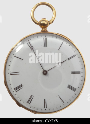 Kaiser Franz Joseph von Österreich(1830 - 1916),eine goldene Taschenuhr,überreicht an den bayerischen Rettungshundjäger Weinberger von München,1862 Spindeltaschenuhr aus 18 Karat Gold.der Inneneinband mit Gravur 'Geschenk v.Sr.M.dem Kayser Franz von Österreich 4.9.62 J.Weinberger Leibjäger'(Schenkung seiner Majestät Kaiser Franz von Österreich 4. September 1862 [an] J.Weinberger Life Guard Hunter'), der innere Deckel mit diversen Stanzmarken, darunter '18 K'.der Staubdeckel mit der Aufschrift 'A Cylindre' und '8 Rubinen'.das emaillierte Zifferblatt mit römischen Ziffern.die ,Additional-Rights-Clearences-nicht verfügbar Stockfoto