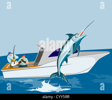 Abbildung eines Fischers blauen Marlin Fischfang springen auf Fischerboot im retro-Stil gemacht. Stockfoto