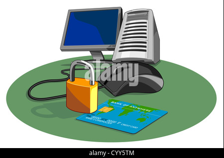 Abbildung einer verkabelten Computer-Maus angeschlossen, um pc-Tower mit Kreditkarte und Vorhängeschloss getan im retro-Stil zu überwachen. Stockfoto