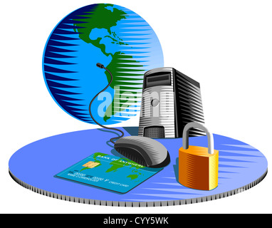 Abbildung einer verkabelten Computer-Maus angeschlossen, um pc-Tower mit Kreditkarte und Vorhängeschloss getan im retro-Stil zu überwachen. Stockfoto