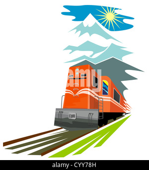 Abbildung von einem Diesel-Zug von einem hohen Winkel getan im retro-Stil auf weißem Hintergrund isoliert betrachtet. Stockfoto