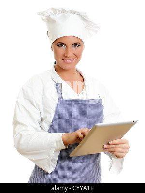 Lächelnde Chefkoch mit Tablet-Computer. Isoliert auf weiss. Stockfoto