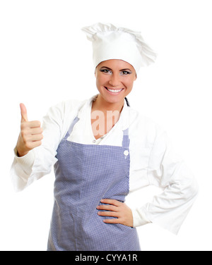 Happy Chef Kochen gebende Daumen. Isoliert auf weiss. Stockfoto