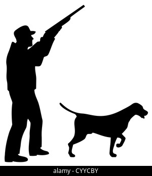 Abbildung eines Jägers, mit dem Ziel Schrotflinte Gewehr Pistole mit Zeiger Hund getan im retro-Stil auf isolierte Hintergrund Stockfoto