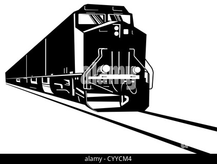 Beispiel für einen Diesel Zug Lokomotive demnächst auf Eisenbahn getan im retro-Stil auf isolierte Hintergrund Stockfoto