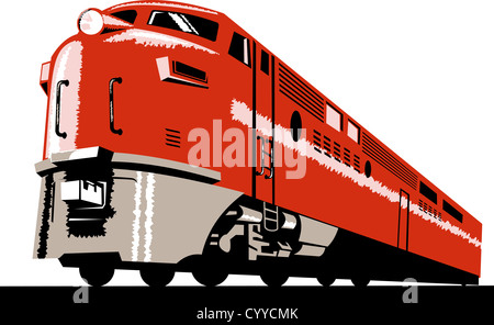 Beispiel für einen Diesel-Zug Lokomotive demnächst auf Eisenbahn getan im retro-Stil auf isolierte Hintergrund von niedrigen Winkel betrachtet Stockfoto