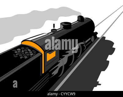 Abbildung von einem Dampfzug Lok demnächst auf Eisenbahn getan im retro-Stil auf isolierte Hintergrund aus hohen Blickwinkel betrachtet Stockfoto