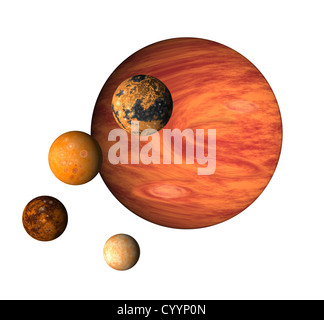 Illustration des Planeten Jupiter mit Monden Io auf isolierte Hintergrund, Callisto, Europa und Ganymed Stockfoto