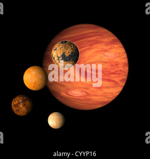 Illustration des Planeten Jupiter mit Monden Io auf isolierte Hintergrund, Callisto, Europa und Ganymed Stockfoto