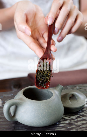 Weibliche Hand setzen Tee Blätter in Teekanne Stockfoto