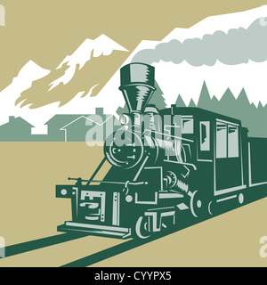 Beispiel für eine Dampf Zug Lokomotive demnächst auf Eisenbahn in Retro-Holzschnitt Stil getan Stockfoto