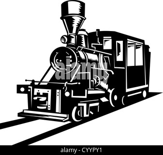 Beispiel für eine Dampf Zug Lokomotive demnächst auf Eisenbahn in Retro-Holzschnitt Stil getan Stockfoto