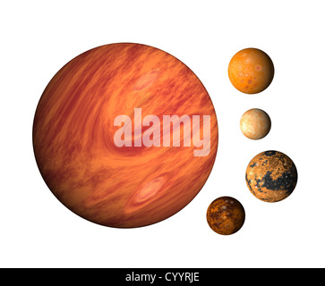 Illustration des Planeten Jupiter mit Monden Io auf isolierte Hintergrund, Callisto, Europa und Ganymed Stockfoto