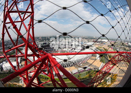 Stratford Fisheye Blick auf den Olympiapark von der britischen Inseln Großbritannien Londres nördlichen Anish Kapoors Orbit Skulptur Stockfoto