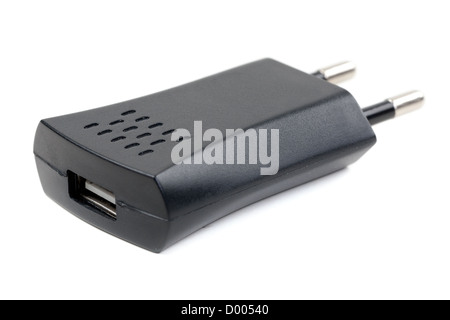 Close-up USB-elektrische Ladegerät stecken Sie isolierten auf weißen Hintergrund Stockfoto