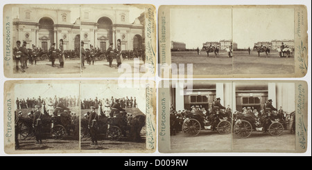 Zwölf stereoskopische Fotos von Paraden und eine Regimitalfeier mit Zar Nikolaus II., Großherzögen, Großherzoginnen und Generälen unter den Anwesenden. Russland, um 1910. Jedes Paar Fotos flankiert von einem Hersteller Inschriften in kyrillischen oder lateinischen Schrift 'M. Beljavsky St. Petersburg, Nevsky 34.' Zehn Fotos beschreiben die Medaillen, die ihnen den Rücken verliehen haben. Drei Fotos von ähnlichen Motiven. Einige Ecken gebeult. Selten. Abmessungen 8.7 x 17.7 cm, historisch, historisch, Menschen, 1910er, 20. Jahrhundert, Foto, Foto, Fotografien, Mann, Männer, männlich, zusätzliche-Rechte-Clearences-nicht verfügbar Stockfoto