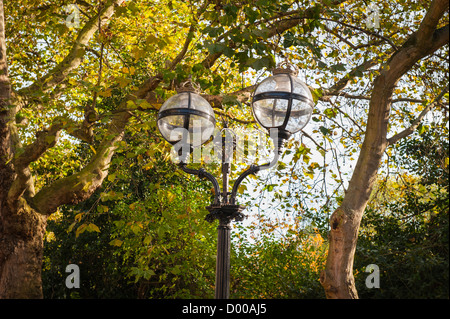 London Lincolns Inn Fields High Holborn old style gas Straßenbeleuchtung detail blau Herbst Bäume & Blätter Stockfoto