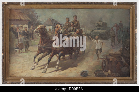 Die Gefangennahme deutscher Soldaten, Sowjetunion, um 1944 - 45. Öl auf Leinwand. In einem vergoldeten Rahmen. Nicht Signiert. Seitlich am oberen Teil der Trage befindet sich ein handgeschriebenes Etikett 'Revnov'. Dargestellt ist die Befreiung eines ukrainischen Dorfes durch sowjetische Soldaten. Im Hintergrund deutsche Gefangene unter Wache vor einem zerstörten Panzer. Segeltuch etwas beschädigt, Rahmen mit Defekten. Bildgröße 82 x 143.5 cm,gerahmte Maße 94 x 156 cm,historisch,Menschen,1930er,20. Jahrhundert,Gemälde,Bild im Rahmen,Bilder,gerahmt,Illustrationen,m,zusätzliche-Rechte-Clearences-nicht verfügbar Stockfoto