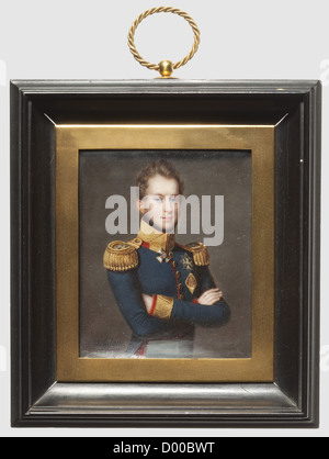 Prinz Wilhelm von Orange-Nassau, Nassau und die Niederlande (175-1865) ein Miniaturporträt, EIN Halbporträt des Mannes, später König der Niederlande, in Uniform mit dem Stern des Militär-Orden von Wilhelm, Halsband- und Sternenmedaillen des russischen St.-Georgs-Orden. Hochwertige Miniaturbemalung auf Elfenbein. 65 x 80 mm, die Insignien in Goldbronze gemalt. Unterzeichnet, "A. Delatour, links unten. In einem zeitgenössischen schwarzen Rahmen. Alexander Delatour (zwischen 1780-1858 Brüssel) war Maler am Hof von König Wilhelm I. und seinem Sohn. Miniaturen von , Stockfoto