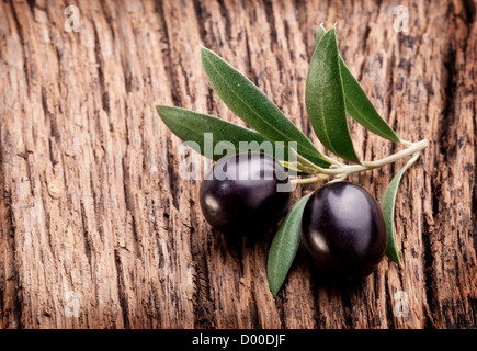 Reifen schwarzen Oliven mit Blättern auf einem hölzernen Hintergrund. Stockfoto