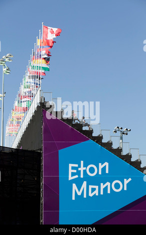 Nahaufnahme eines Teils der Eton Manor, Austragungsort des Rollstuhl-Tennis bei den Paralympics im Olympia-Park, Stratford. Stockfoto