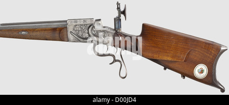 Ein deutscher Sportkarabiner, E. Brauer in Ludwigslust 1924. cal. 8.15 x 46 R, Nr. 5747. Achteckiger Lauf mit spiegelarmer Bohrung, Prüfmarkenkrone/'BU' 9/24,'GUSSSTAHL KRUPP ESSEN', Brauer Signatur, Sicht. Aydt Aktion mit externem verbesserten Auswerfer, dessen Kontaktelement zum Gehäuserand in einer abgelösten Führung verläuft, mehrfacher Auslösetauger, die Oberseite des Empfängers in Gold signiert 'HAENEL ORIGINAL AYDT', Weinblätter Gravuren, dazwischen auf der rechten Seite des Gehäuses ein Cherub mit einem Lorbeerkranz in der rechten Hand. Deutsche Aktien, richtig überarbeitet, kariert, Cheek, Fi, zusätzliche-Rechte-Clearenzen-nicht verfügbar Stockfoto