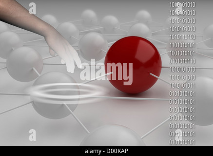 Binär-Code gegen Hand mit abstrakten Hintergrund rote Ende weißen Ball in 3d gemacht. Stockfoto