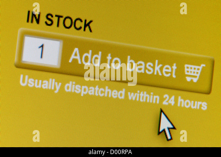 Nahaufnahme einer fiktiven Website einladen von Benutzern, einen Artikel in den Warenkorb legen. Stockfoto