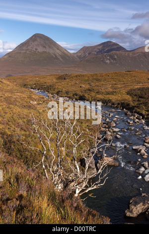 Allt Dearg Mor Fluss mit Glamaig in Rot Cuillin Berge in der Ferne, Sligachan, Isle Of Skye, Schottland, UK Stockfoto