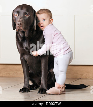 Kleinkind kuscheln Junghund Stockfoto