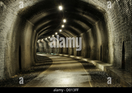 Radweg durch Grabstein Tunnel, einem ehemaligen Eisenbahntunnel bei Monsal Kopf im Peak District, Derbyshire, UK. Stockfoto