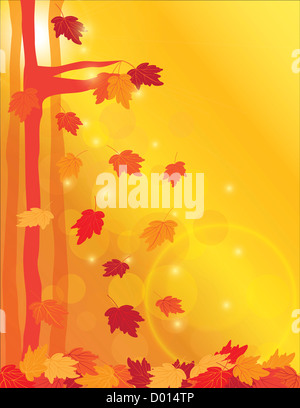 Fallenden Ahornbaum Blätter mit Sonnenstrahlen und Bokeh im Wald Hintergrund Illustration Stockfoto