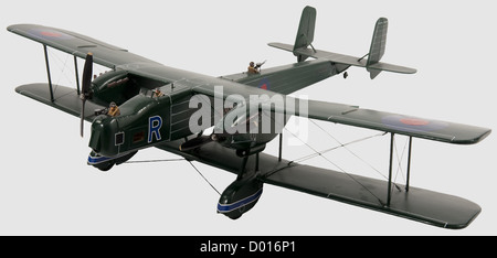 Ein Handley Page 'Heyford' K 3500, gut konstruiertes Modell, der hölzerne Rumpf in sattem Grün mit R.A.F. Markierungen lackiert, mit einer Dummy-Besatzung bestehend aus einem Frontkanonner, einem Piloten und einem weiteren Kanonierer, die Propeller auf drehbaren Achsen, das Chassis mit Gummirädern, ursprünglich ein flugfähiges Modell, aber jetzt statisch. Flügelspannweite 107 cm, historisch, historisch, 20. Jahrhundert, Objekt, Objekte, Stills, Ausschnitt, Ausschnitte, Ausschnitt, Ausschnitte, Miniaturen, Miniatur, Mini, Modellbau, Modellbau, Spielzeug, Spielzeug, Flugzeug, Flugzeug, Flugzeug, Flugzeuge, Flugzeuge, Flugzeuge, Zusatzrechte-Clearences-nicht verfügbar Stockfoto