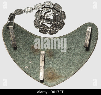 Ein Modell 1938 Gorget für SS-Standard-Träger, versilbertes Schild mit polierten Kanten, der aufgetragene Adler und beide Eckrosetten patiniert, die SS-Runen innerhalb links in natürlicher Farbe. Die Rückseite mit zwei Befestigungshaken für die Kette und einem Arreterhaken wurde mit 'RZM M 1/128' gelocht. Patinierte Tragekette mit abwechselnden Gliedern von Todesköpfen und SS-Runen, versilbert. Offensichtliche Anzeichen von Verwendung, ergänzte Liner. Von größter Seltenheit, historisch, historisch, 1930er, 20. Jahrhundert, Waffen-SS, bewaffnete Division der SS, bewaffneter Dienst, bewaffnete Dienste, NS, National S, zusätzliche Rechte-Clearences-nicht verfügbar Stockfoto