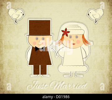 Vintage-Design Hochzeit Karte - Bräutigam, Braut, Tauben auf Grunge Hintergrund - Illustration Stockfoto