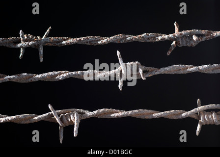 drei rostige Stacheldraht auf schwarzem Hintergrund Stockfoto