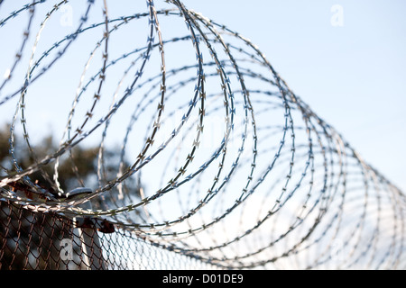 Gewickelten Stacheldrahtzaun mit Himmelshintergrund Stockfoto