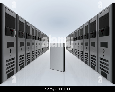 weiße dvd Case stehend auf einen Korridor von Servern Stockfoto