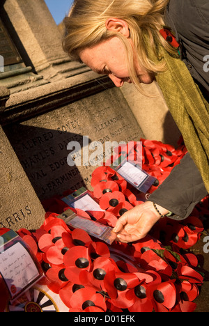 Frau durchlesen Kränze hinterlassen von Memorial Remembrance Sunday, High Street, Haslemere, Surrey, UK. 11.11.2012. Stockfoto