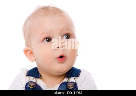 Neugierig Baby lustige Gesicht isoliert auf weiss Stockfoto