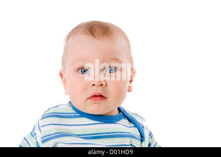 Neugierig Baby lustige Gesicht isoliert auf weiss Stockfoto