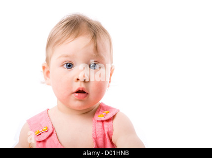 Niedliche neugierig blue eyed Baby Mädchen Porträt isoliert auf weiss Stockfoto