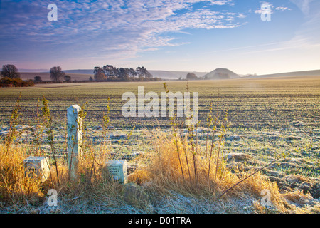 Frostigen herbstlichen Wiltshire Landschaft mit berühmten neolithischen Silbury Hill in der Ferne Stockfoto