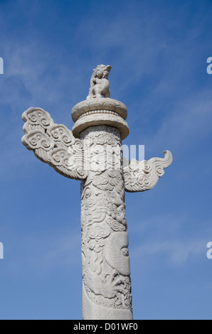 China, Peking, Verbotene Stadt (aka Zijin Cheng). Kaiser Palast aus der Ming- und Qing-Dynastie. Hoch geschnitzte Säule. Stockfoto