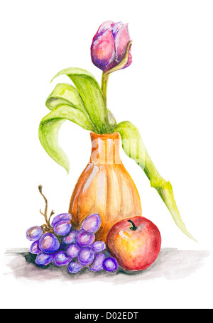 Tulpe Blume im Keramiktopf mit Trauben und Apfel Stillleben isoliert - handgemachte Acrylmalerei Abbildung auf einem weißen Papier Stockfoto