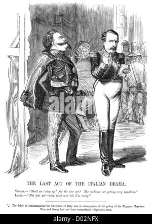 Letzter Akt des italienischen Dramas. Politische Karikatur zeigt Napoleon III und Victor Emmanuel, September 1861 Stockfoto